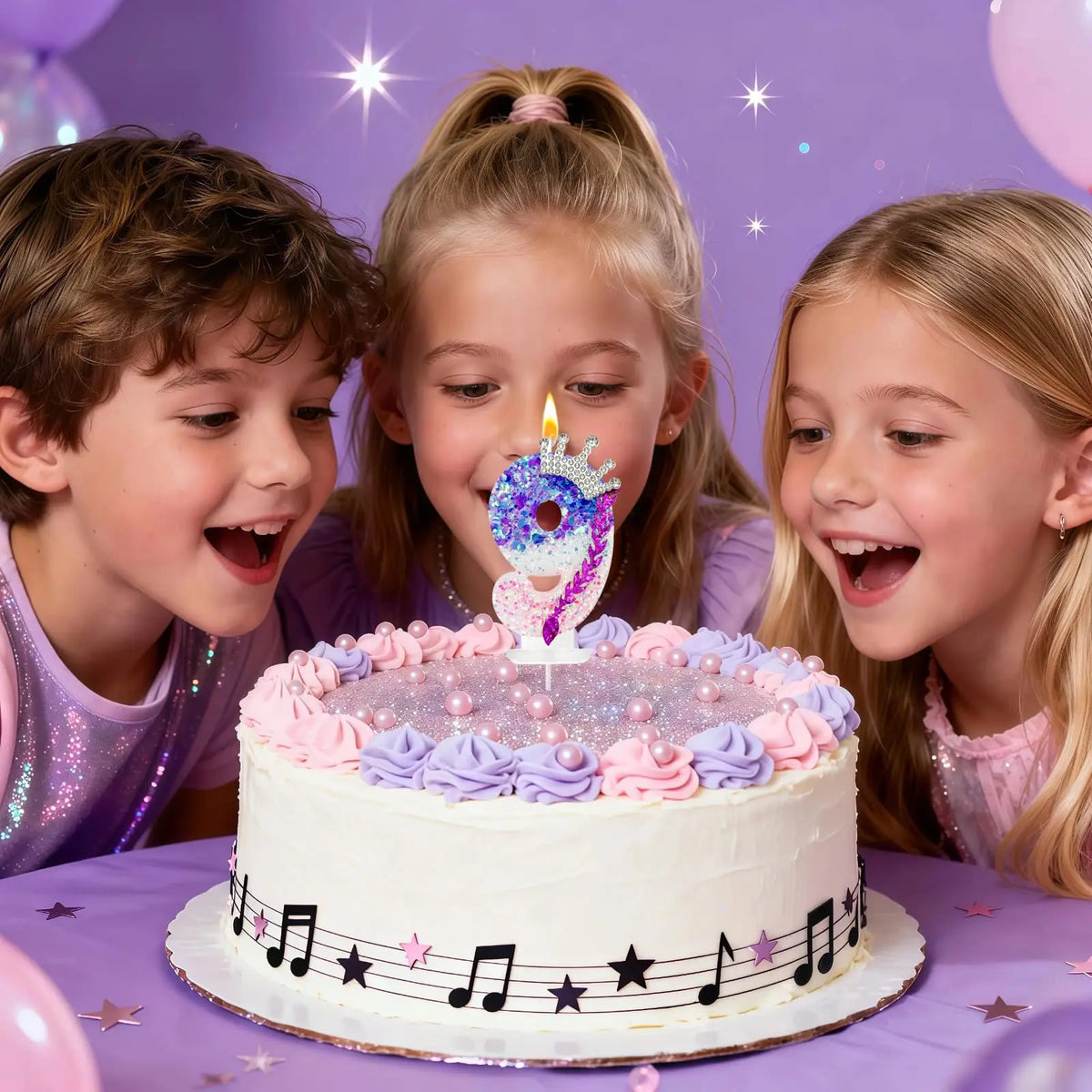 Three children smiling around a white birthday cake decorated with purple and pink frosting and glitter.