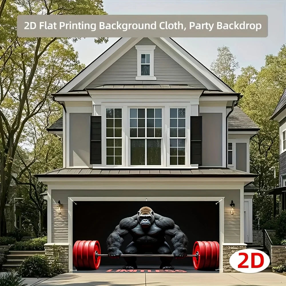 2D flat printing background cloth featuring a gorilla strength weightlifting backdrop banner in front of a house.