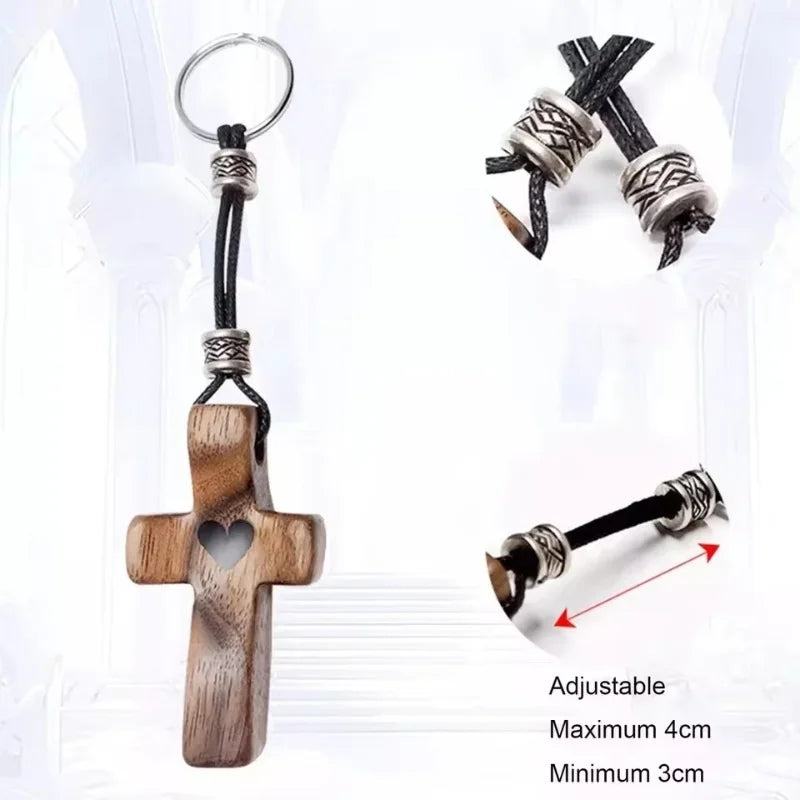 Handcrafted walnut cross keychain with adjustable length and leather accents