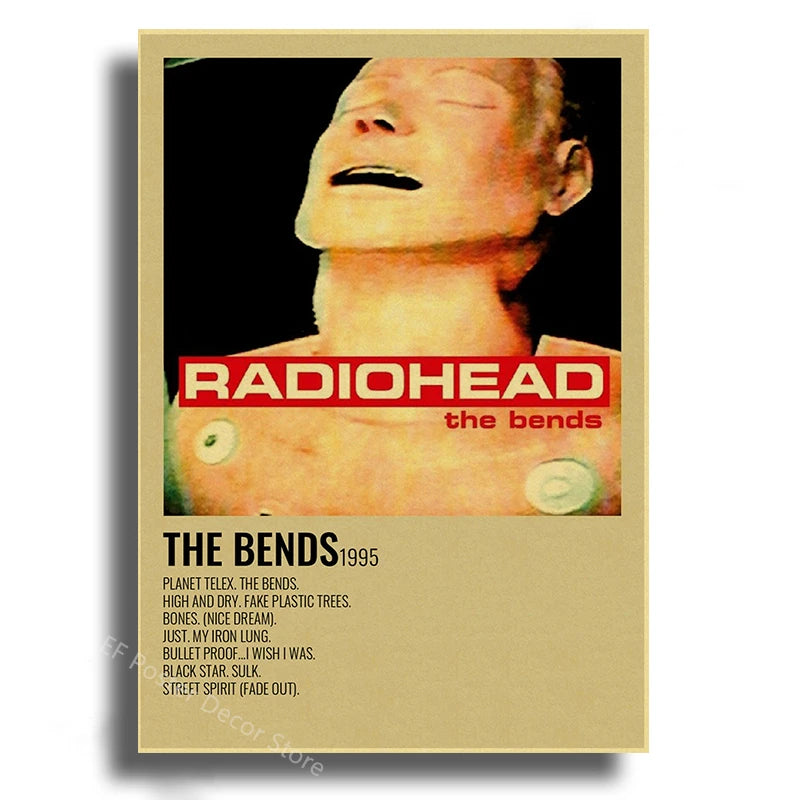 Album art for Radiohead's The Bends, featuring a close-up portrait of a person against a black background.