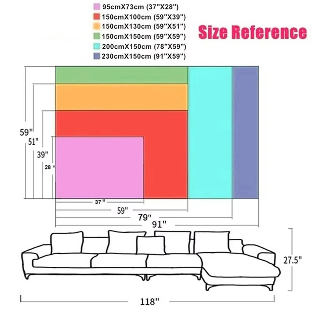 A size reference chart showing various dimensions for a Bohemian Tapestry wall decor product.