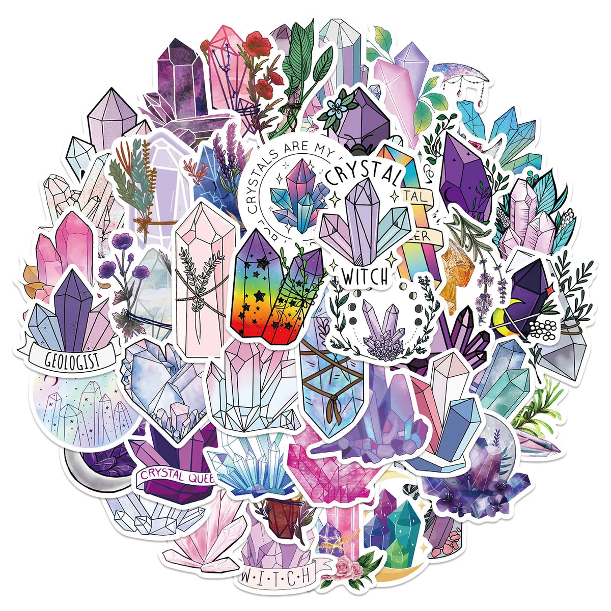 A circular arrangement of colorful crystal and witch themed stickers featuring various gemstone shapes and mystical elements.
