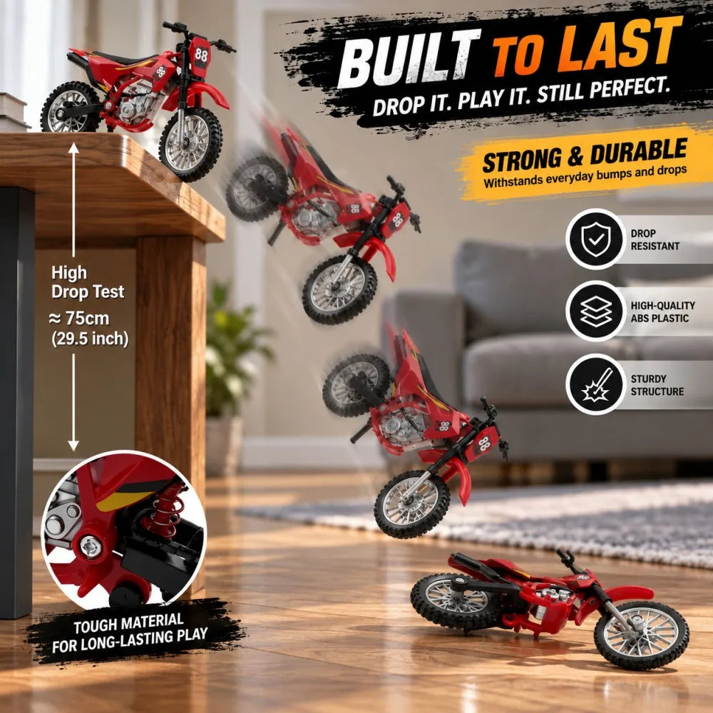 A red 1:12 scale off-road motorcycle model with spare wheels is shown being dropped onto a wooden floor.