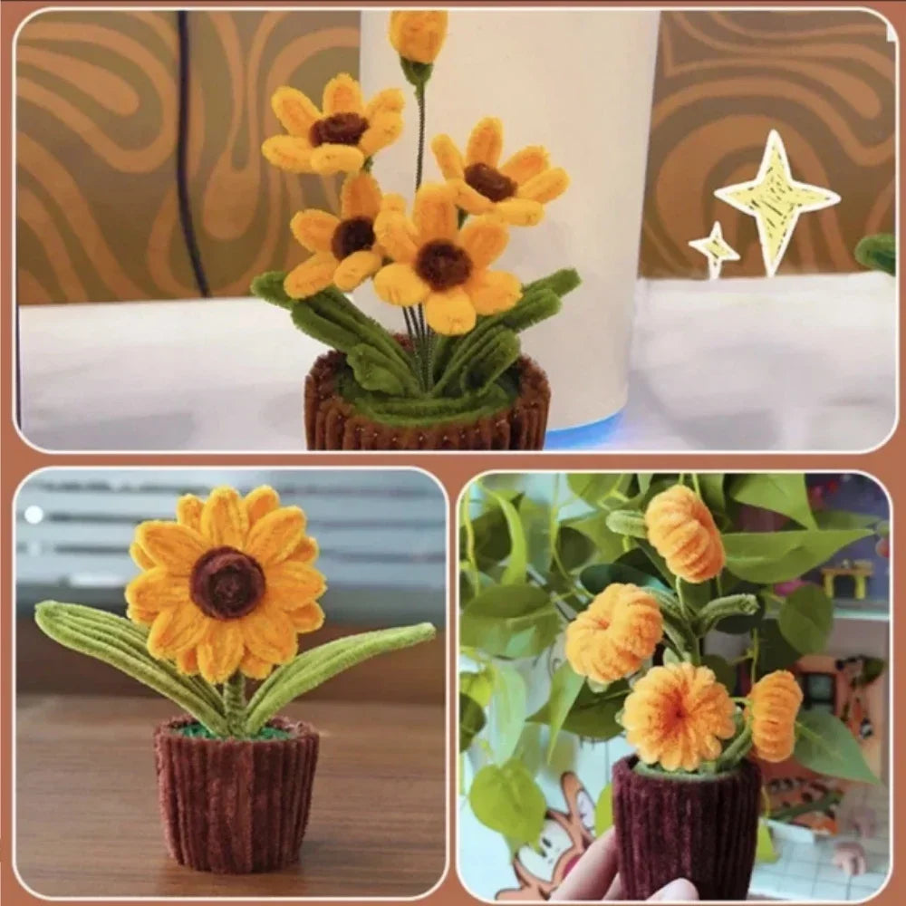 A collection of yellow and orange chenille stem flowers in various forms, including a potted arrangement.
