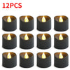 Twelve black LED candles with a warm white glow displayed in a grid format.