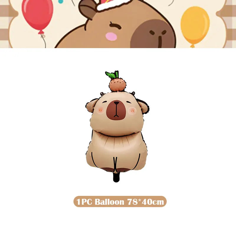 A cute capybara-shaped balloon decoration for a birthday party.