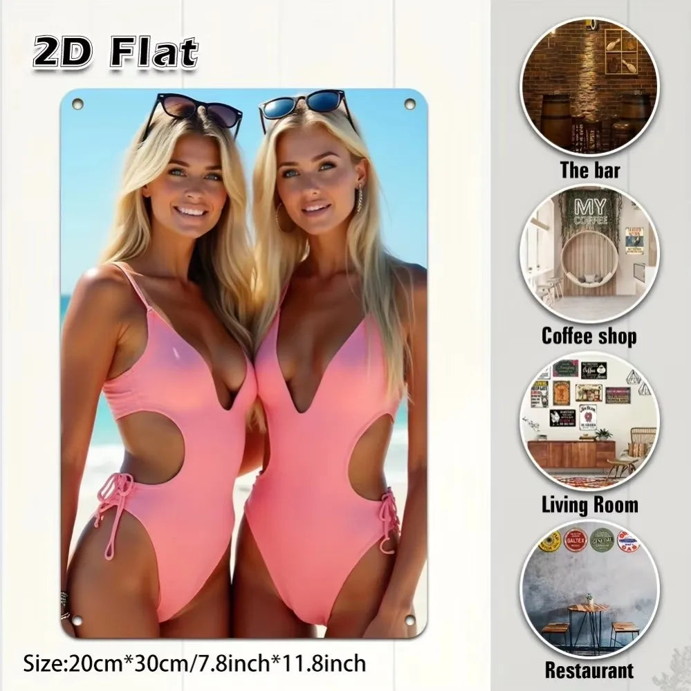 Deux modèles portant des maillots de bain 2D roses posant à l'extérieur pour une photo de produit.