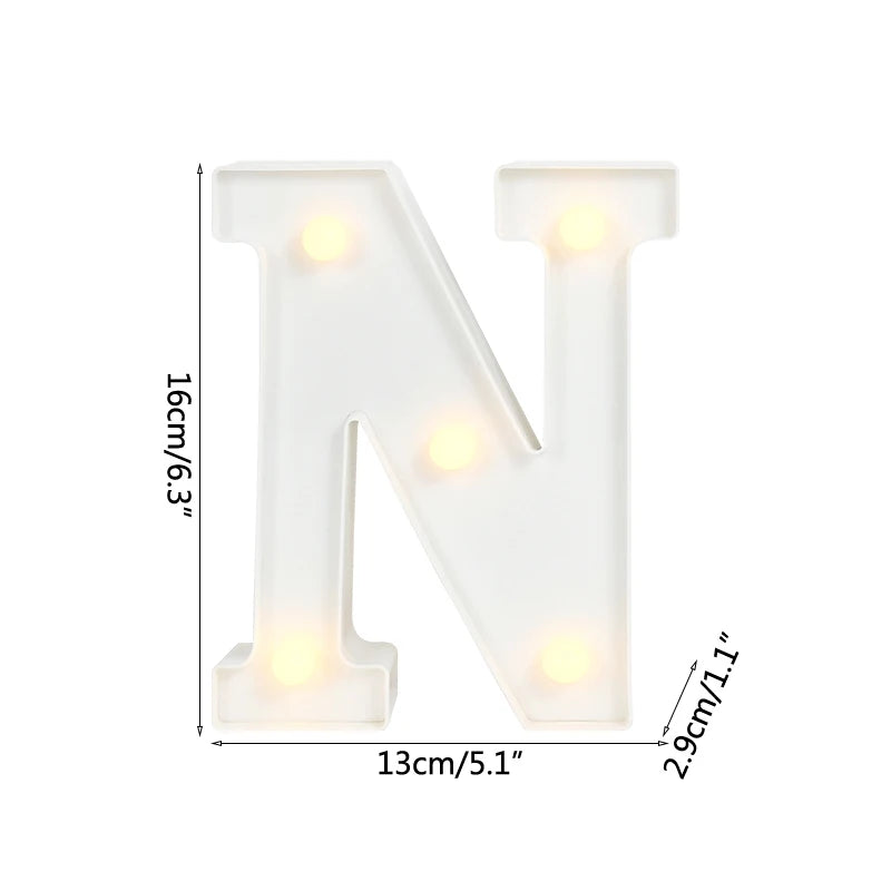 A white alphabet letter light shaped like the letter N with warm white LED lights.