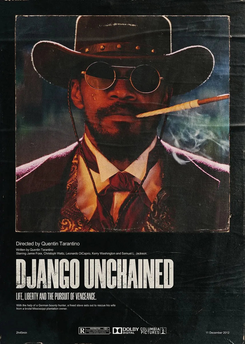 Poster for the movie Django Unchained featuring a man in a cowboy hat and sunglasses