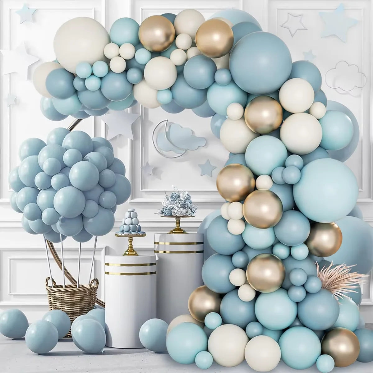 A blue and white balloon garland arch kit featuring various sized balloons arranged in an arch shape.