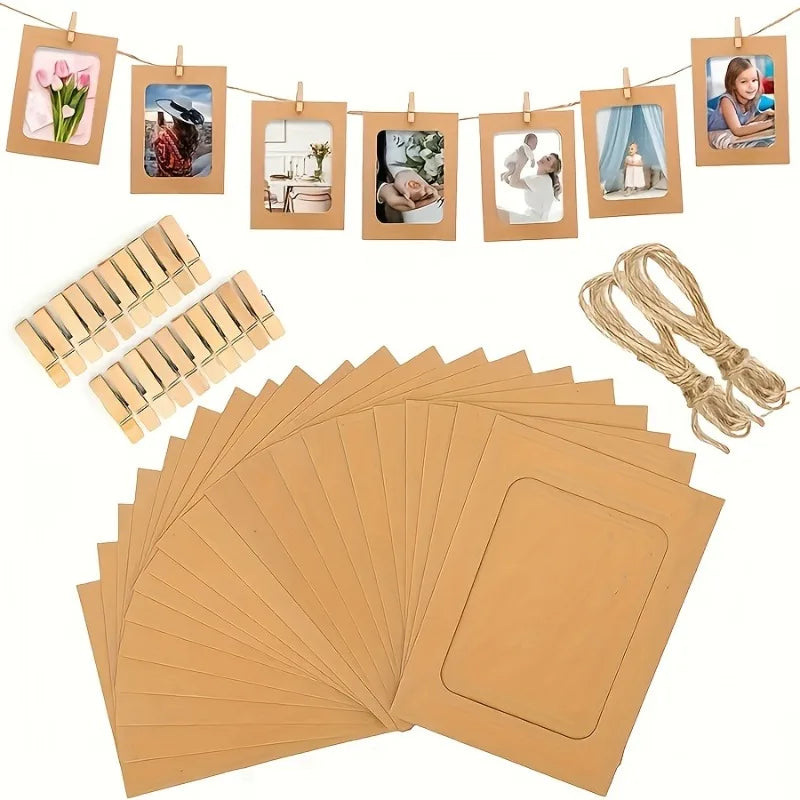 A collection of vintage kraft paper photo frames hanging on a line and a stack of blank kraft paper photo mats.