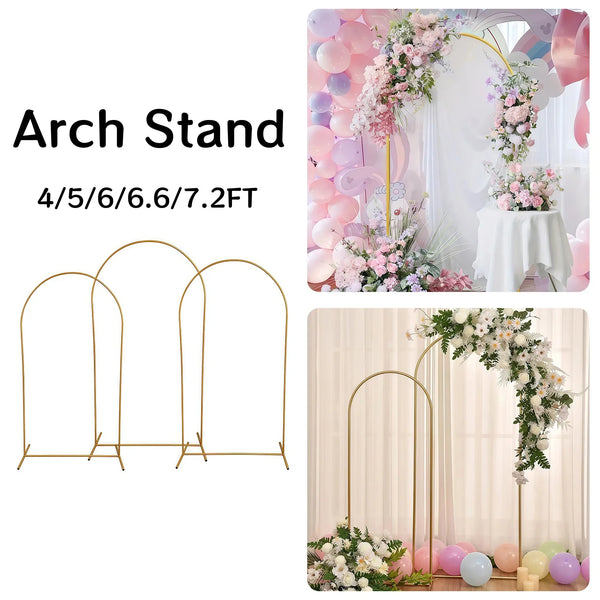 Elegant gold metal arch stand with a floral backdrop for wedding or event decoration.