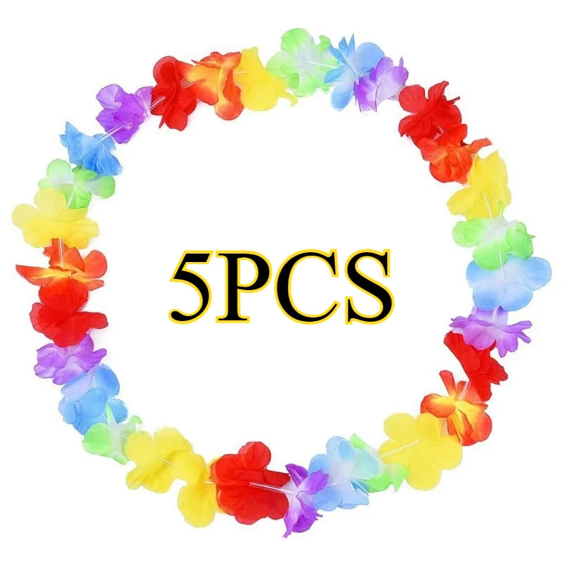 A circular lei necklace made of colorful, glow-in-the-dark LED flowers in various shades of red, yellow, green, and blue.