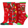 A pack of red Christmas socks featuring reindeer, trees, and snowflake patterns.