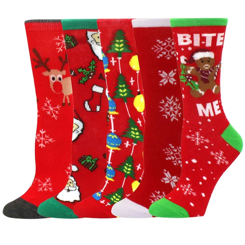 A pack of red Christmas socks featuring reindeer, trees, and snowflake patterns.