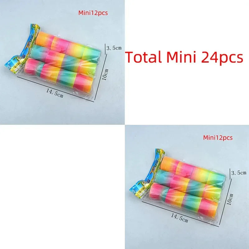 A package of 24 rainbow magic spring toys in various colors and designs.
