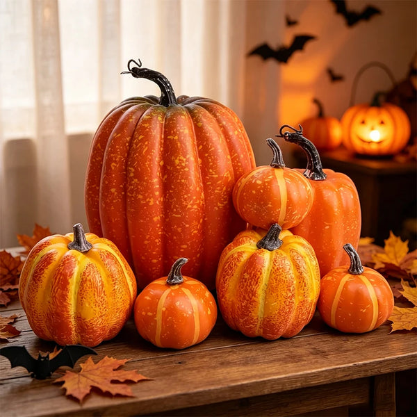 A set of seven bright orange and yellow artificial pumpkins arranged on a wooden surface with autumn leaves.