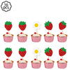 A set of pink plates, cups, napkins, and a tablecloth for a strawberry party supplies kit.