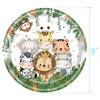 A circular plate featuring cute cartoon animals like a giraffe, elephant, tiger, and lion in a jungle safari theme.