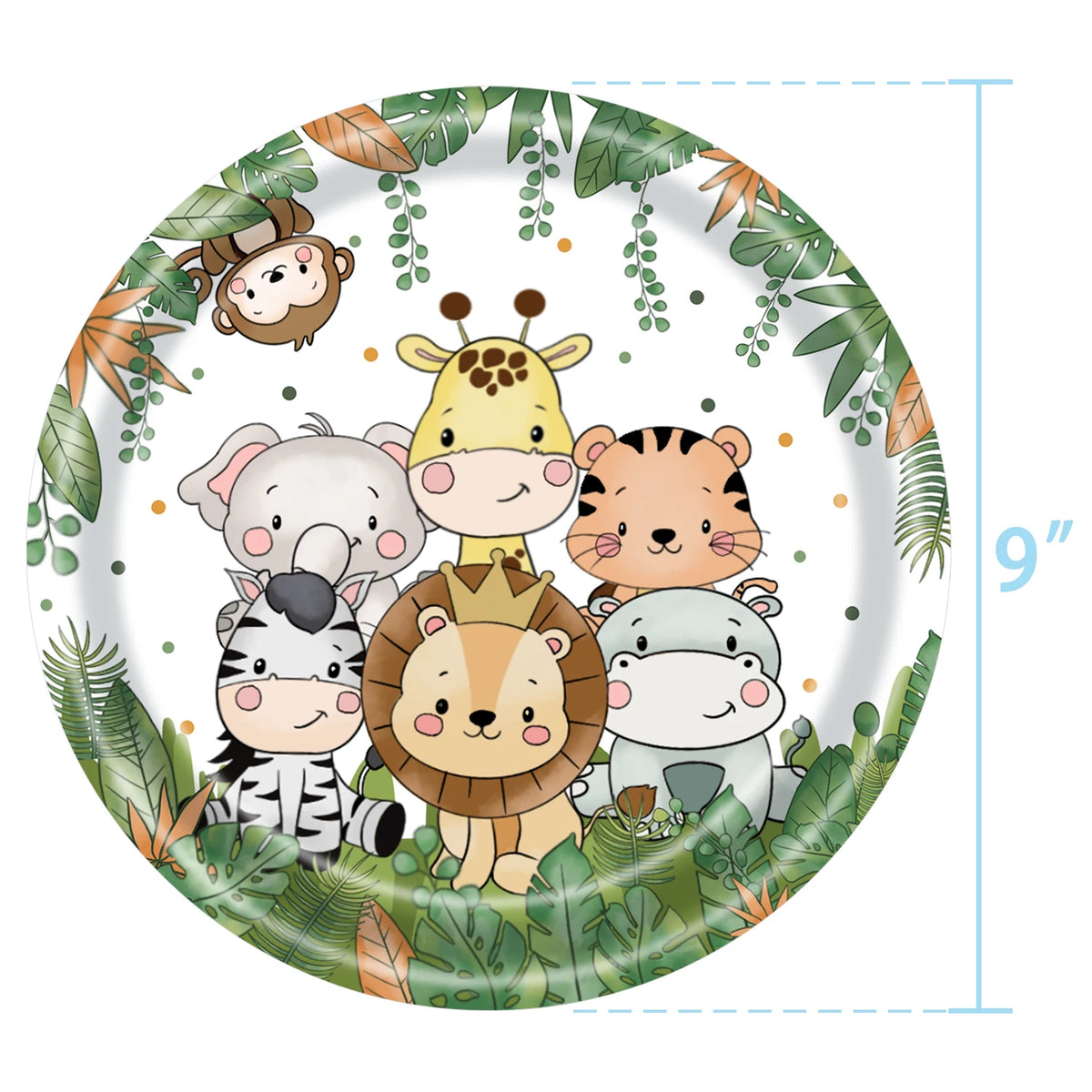 A circular plate featuring cute cartoon animals like a giraffe, elephant, tiger, and lion in a jungle safari theme.