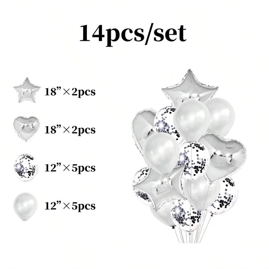 A set of 14 balloons including various sizes and shapes like stars, hearts, and round balloons for decoration.