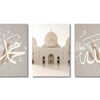 Set of three panels featuring Islamic calligraphy art prints, including Ayatul Kursi and Arabic script, on light gray backgro