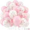A collection of 35 pastel pink balloons tied with white bows.