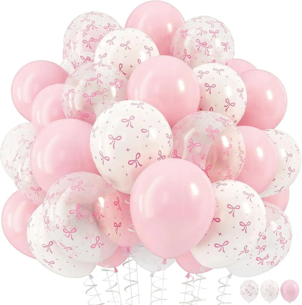 A collection of 35 pastel pink balloons tied with white bows.