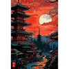 Ukiyo-e anime city street canvas wall art featuring a traditional Japanese pagoda silhouette against a vibrant orange sunset 