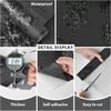 A black floral self-adhesive contact paper shown demonstrating waterproof, thickness, and ease of cutting.