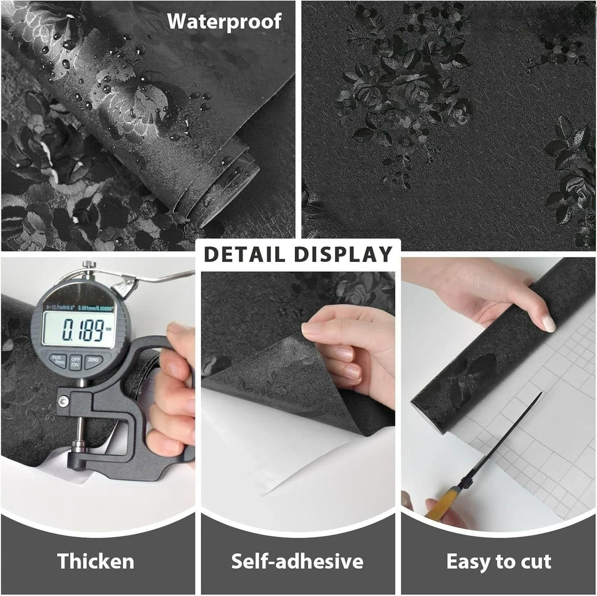 A black floral self-adhesive contact paper shown demonstrating waterproof, thickness, and ease of cutting.