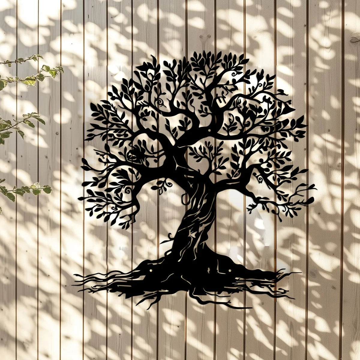 Silhouette of a large tree with roots against a wooden background.