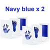 Two navy blue handprint and footprint ink pads displayed on white cards.