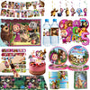 A collection of birthday party decor items featuring bears and woodland animals for a party theme.