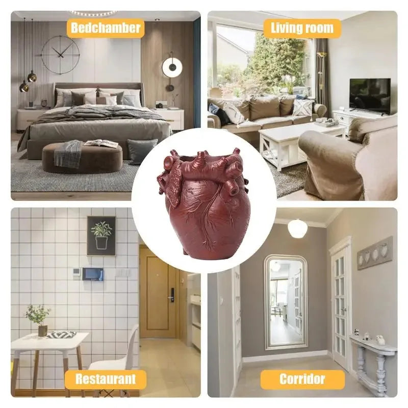 Heart-shaped resin pen organizer displayed in various room settings including a bedroom, living room, and corridor.