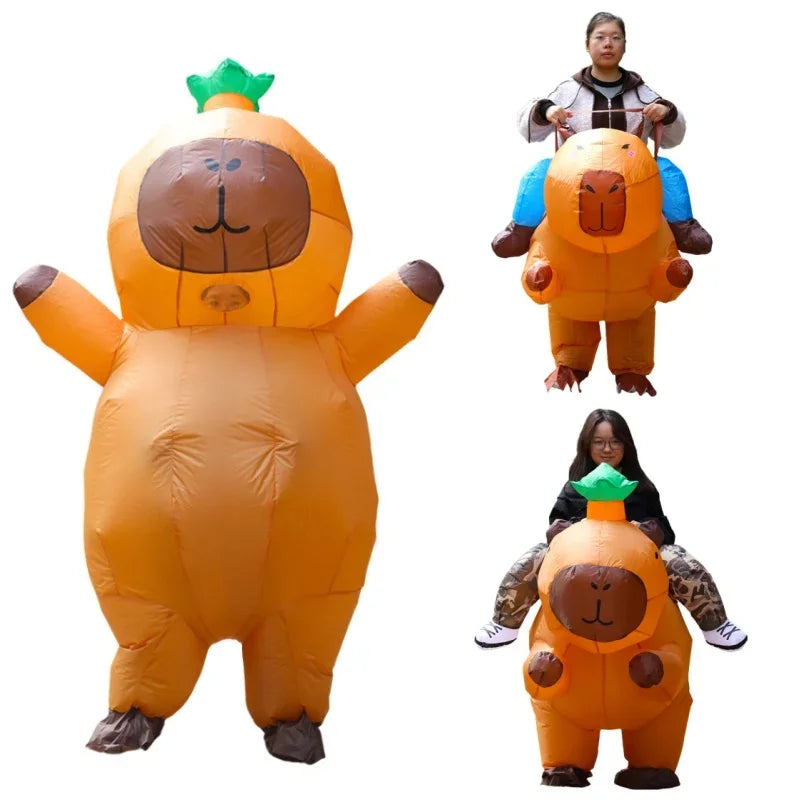An inflatable orange capybara costume for adults, featuring a head and body, is shown standing.