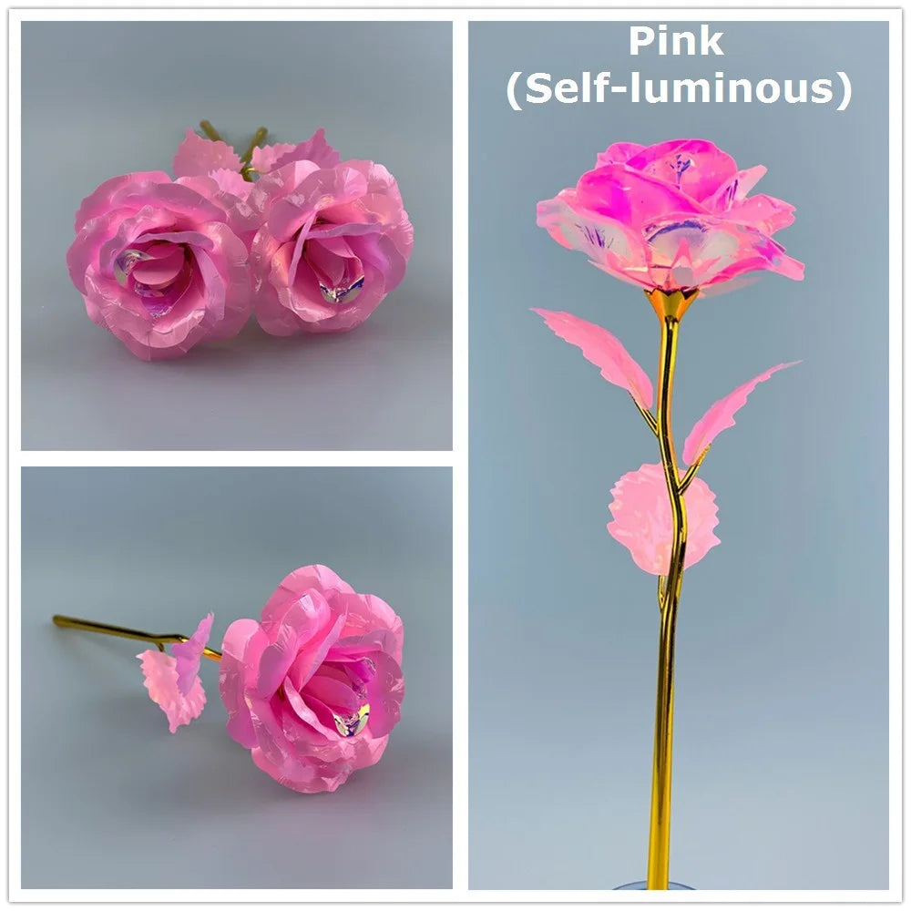 Pink self-luminous rose in gold foil on a stem