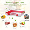 A red and white stackable reusable food preservation tray shown with various foods like fruits, meat, pizza, and vegetables.