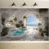 A serene indoor scene featuring a rock cave and a small pool with lush greenery.