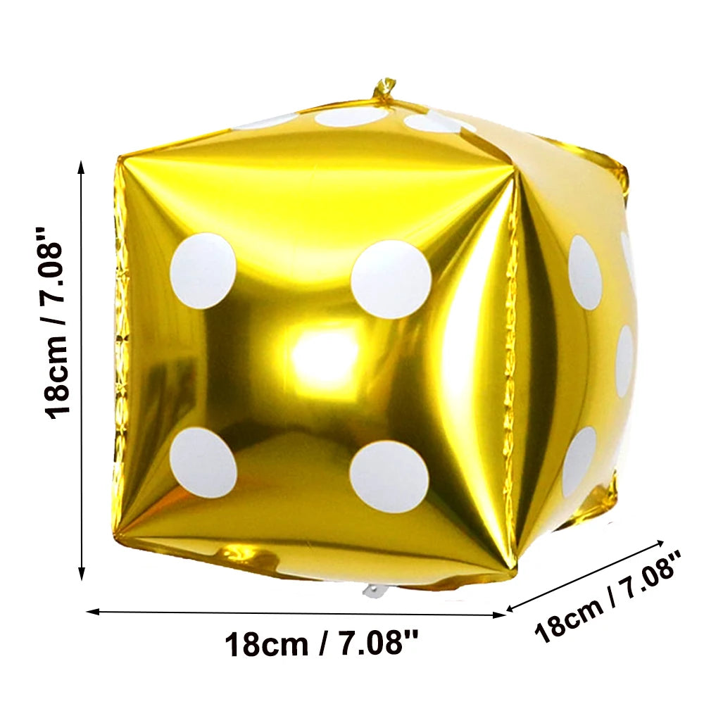 Gold foil balloon shaped like a die with white polka dots for party decor