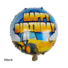 A foil balloon shaped like a construction truck celebrating a happy birthday