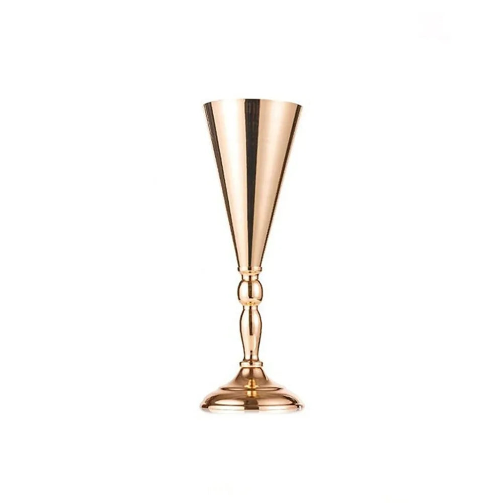 Elegant golden silver wedding flower vases with a flared, conical shape.