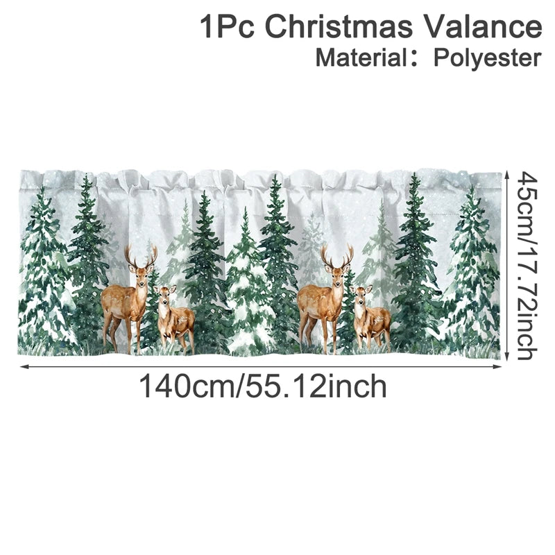 One piece polyester Christmas valence featuring deer and evergreen trees for festive decor