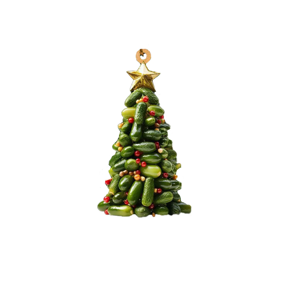 Ornement acrylique en forme d'arbre vert avec de petites baies rouges et une étoile dorée.