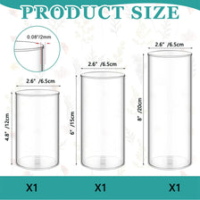 Three clear glass cylinders of varying heights shown with dimension labels