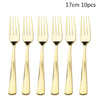 A set of ten gold disposable forks shown side by side.