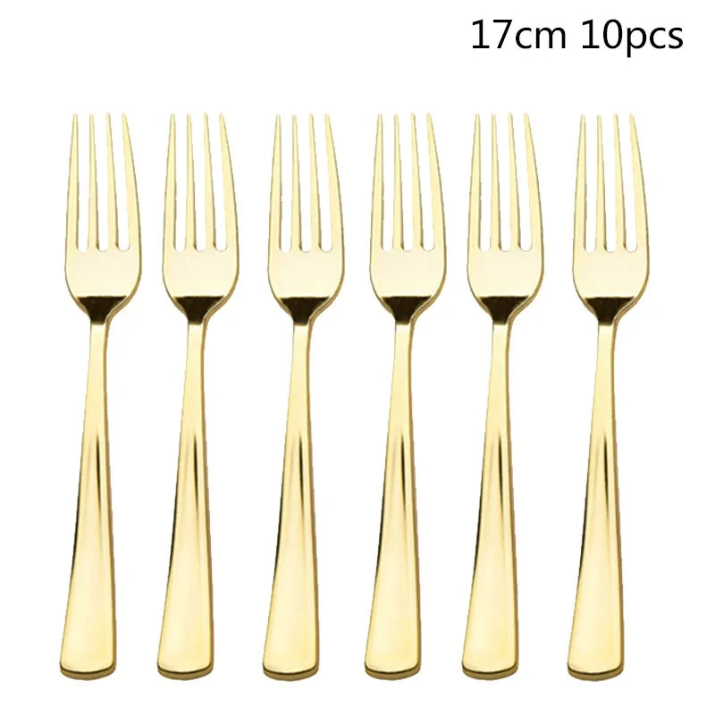 A set of ten gold disposable forks shown side by side.
