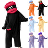 A black plush monster loungewear romper with pink accents and various colored monster outfits.