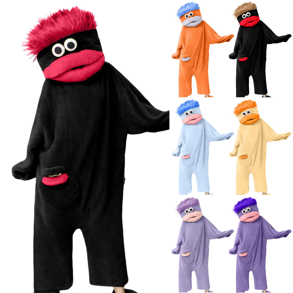 A black plush monster loungewear romper with pink accents and various colored monster outfits.