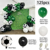A green and black balloon garland arch kit featuring various sized balloons for a football party decoration.